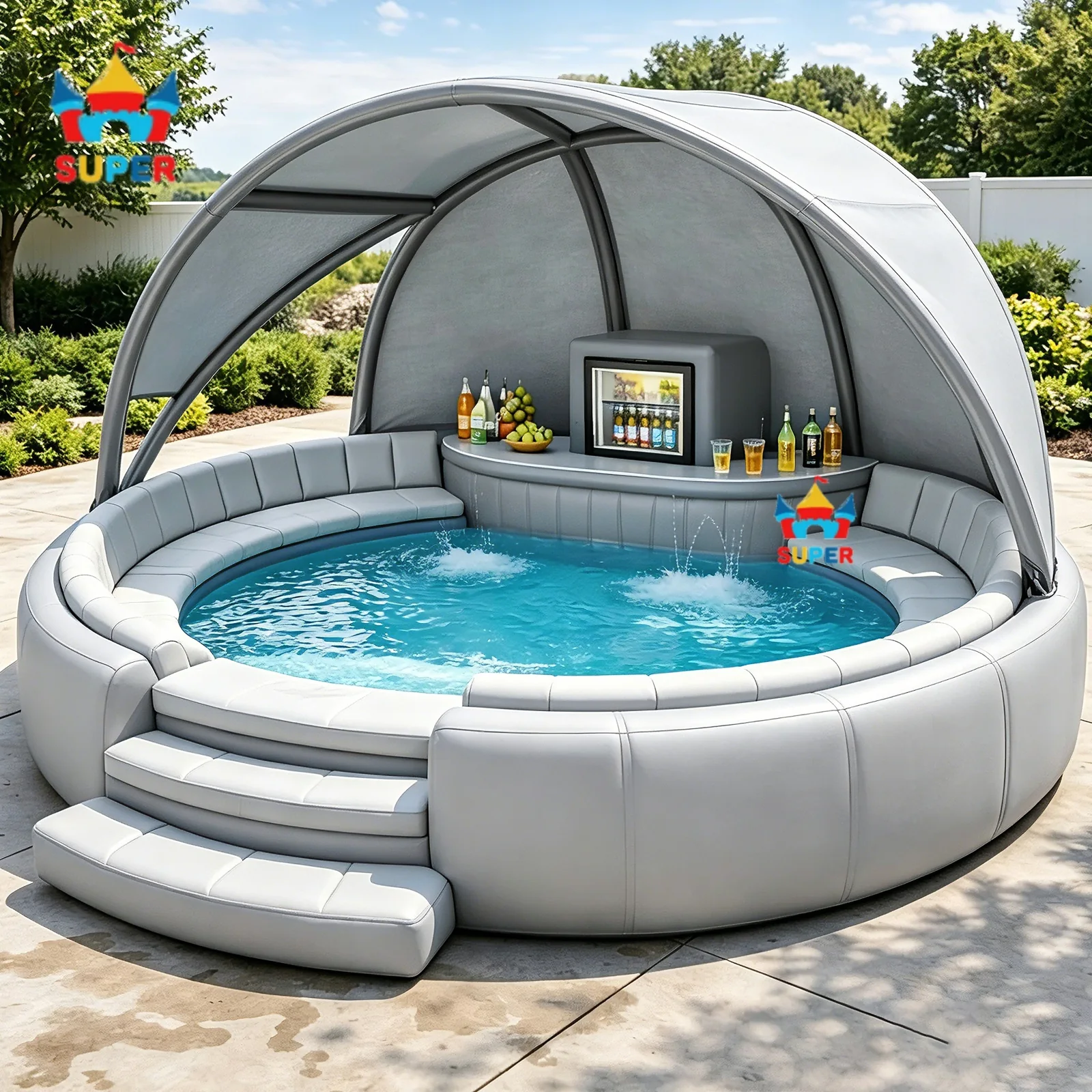 Inflatable pool bar island with sofa seating, bar counter and canopy
